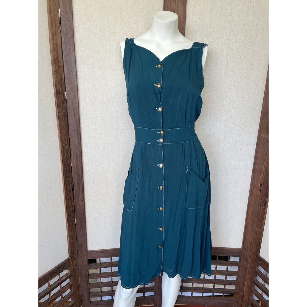 Field Day Oakland Teal Rayon Button-Front Dress — Size M